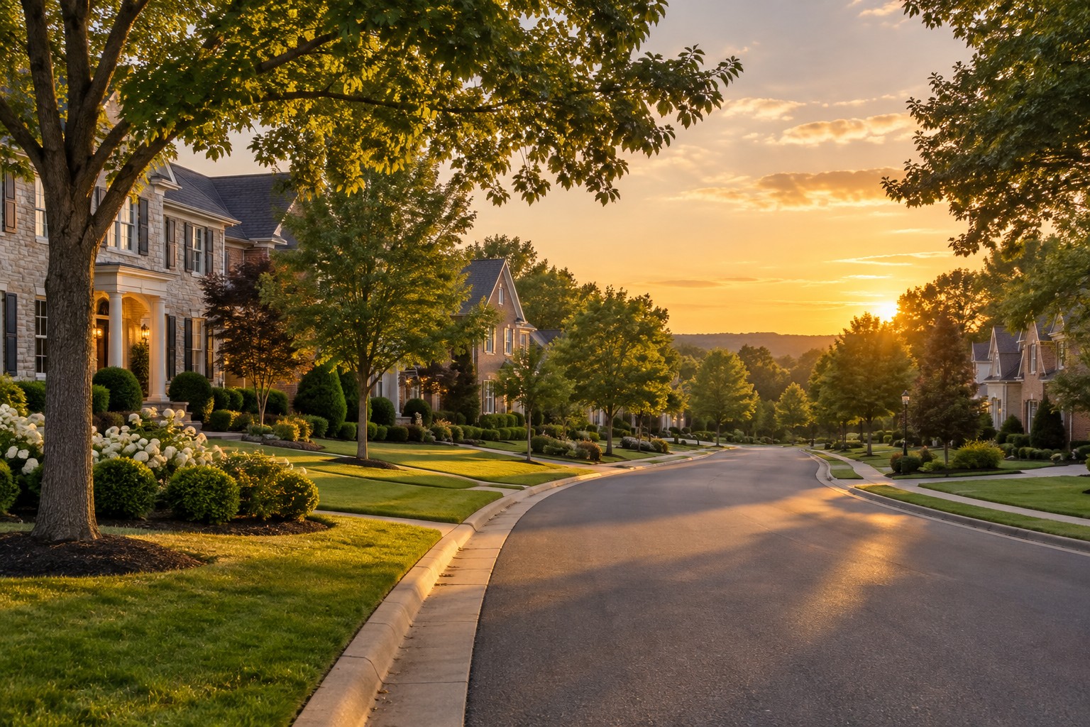 A Northern Virginia community at sunset, illustrative