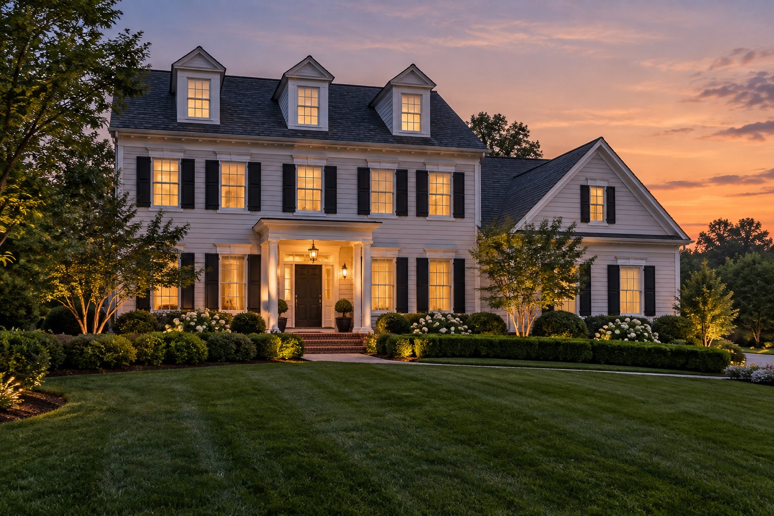 An elegant Northern Virginia home exterior at dusk, illustrative