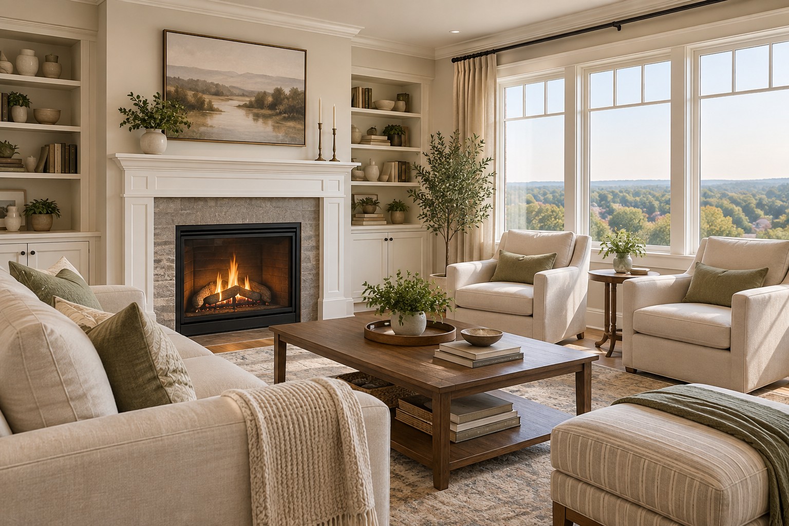 A cozy Northern Virginia living room, illustrative